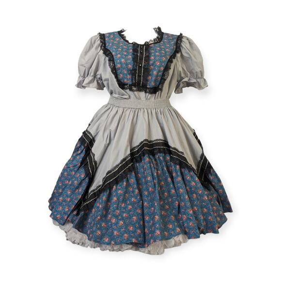 90's Square Dancing Set L/XL Fabulous Periwinkle Calico & Dove Grey - Picture 1 of 6